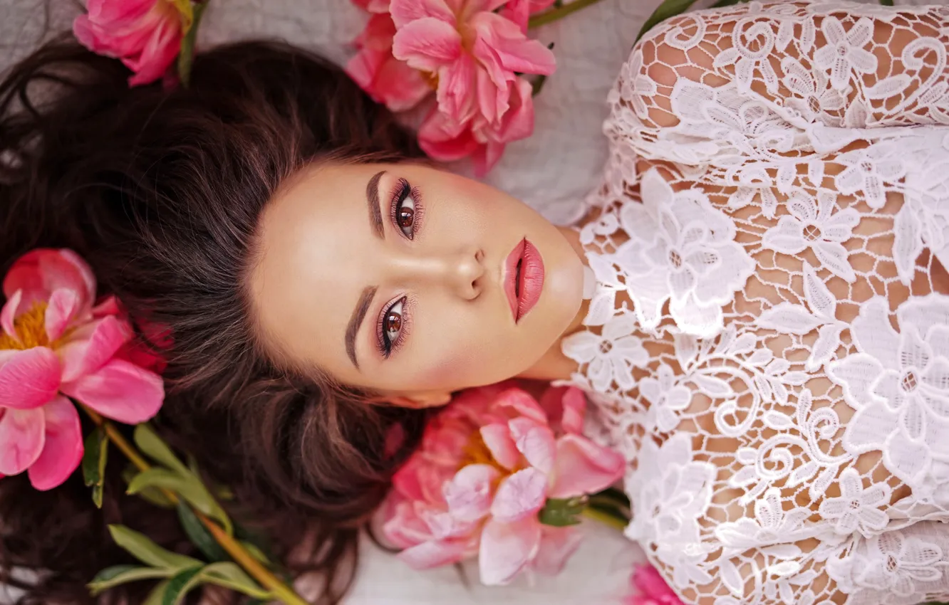 Photo wallpaper look, flowers, portrait, makeup, dress, hairstyle, lies, brown hair