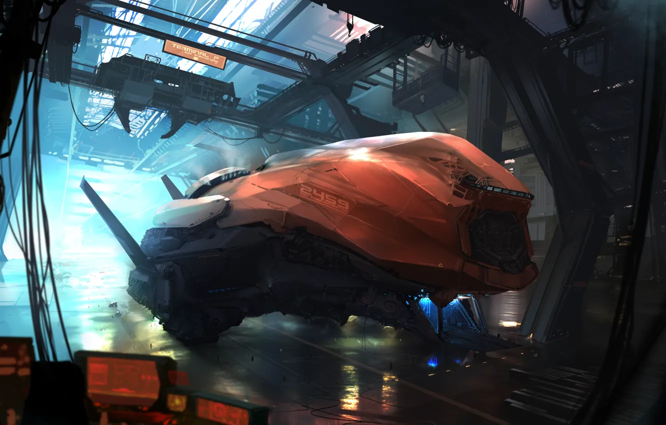 Photo wallpaper future, fiction, transport, wire, station, crane, hangar, Doc