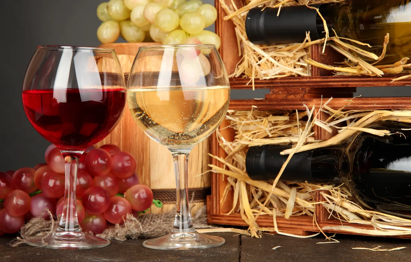 Photo wallpaper wine, red, white, glasses, grapes, bottle, barrel