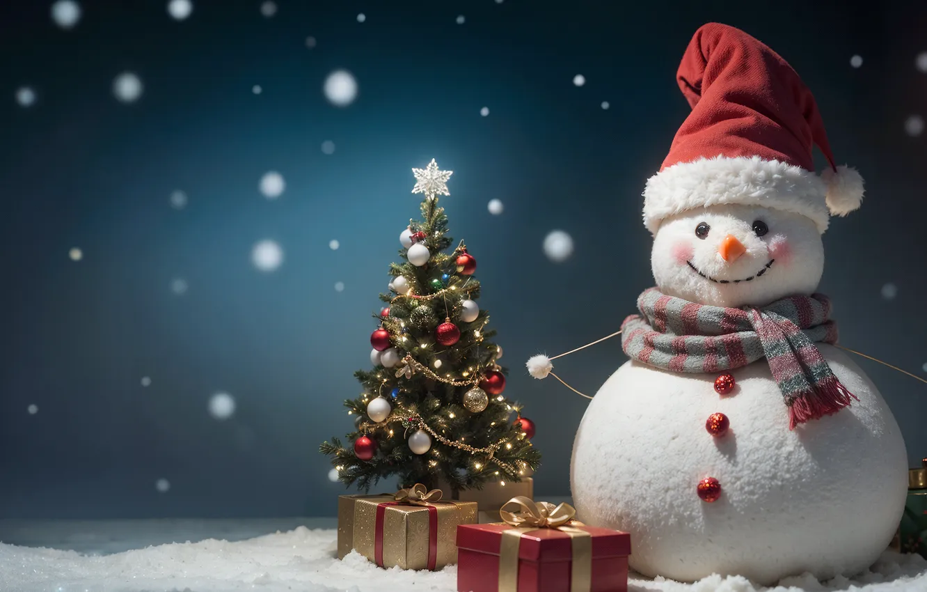 Photo wallpaper snow, gift, toy, tree, snowman, Vovaldi