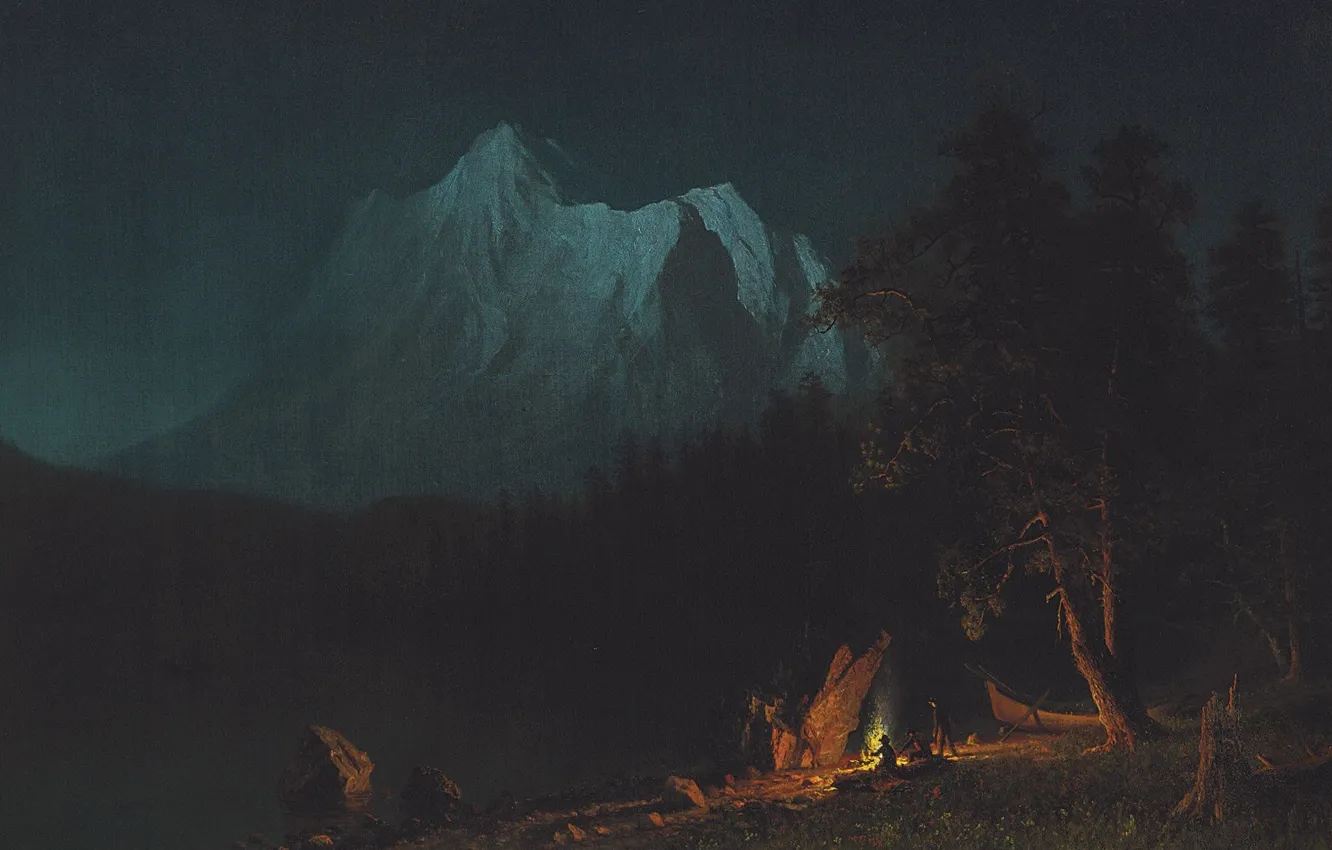 Photo wallpaper landscape, mountains, night, picture, Albert Bierstadt, Mountain Landscape in the Moonlight