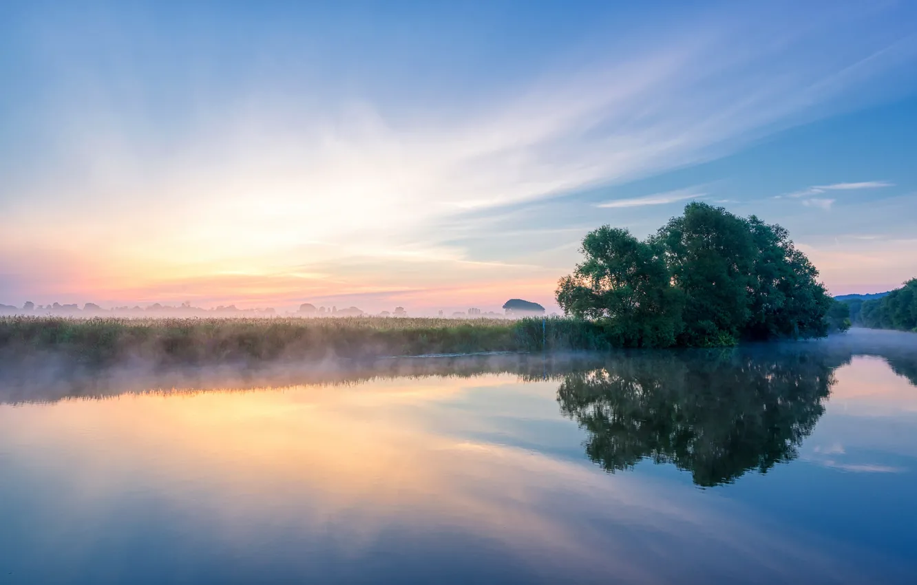 Photo wallpaper summer, fog, England, morning, the river Avon, Worcestershire