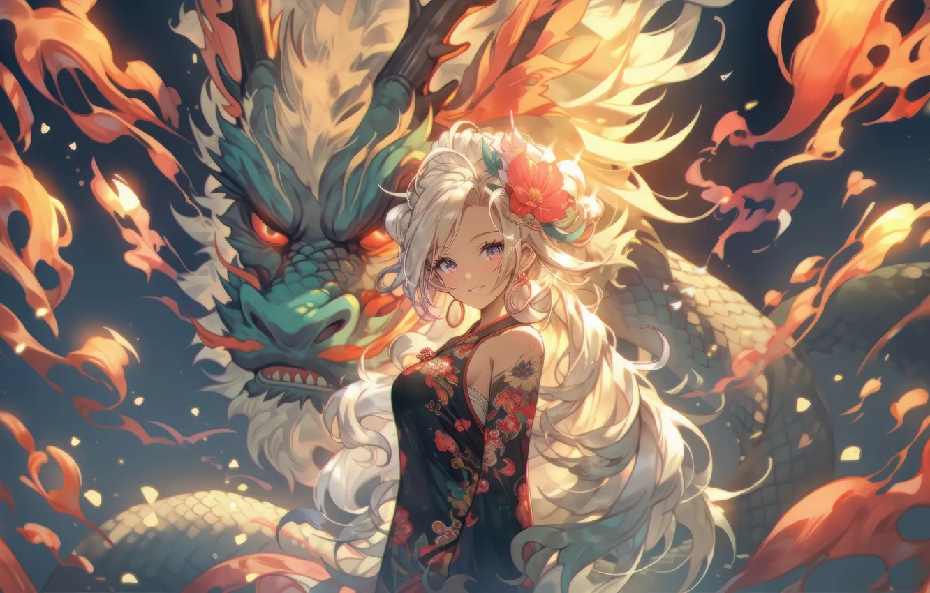 Photo wallpaper girl, anime, tattoo, dragon, anime girl, AI Generated