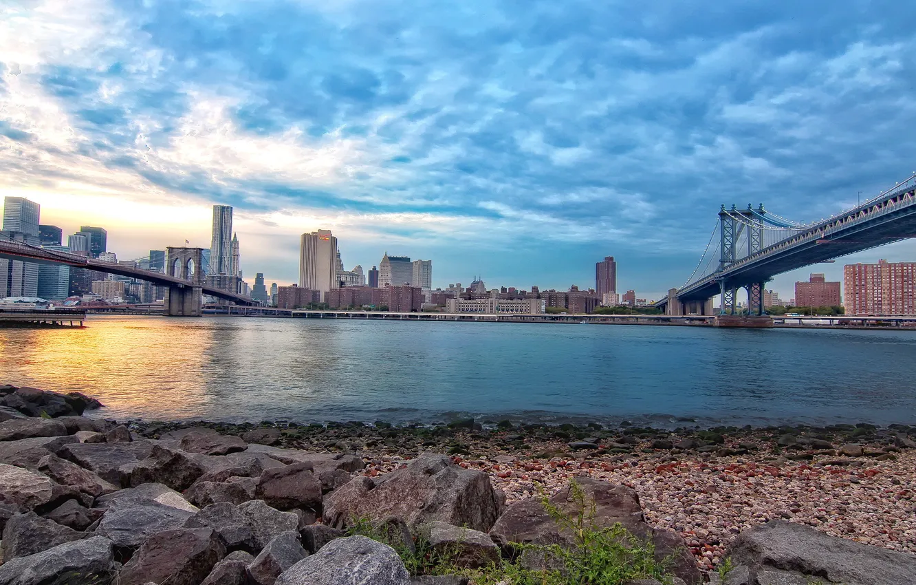 Photo wallpaper the sky, water, clouds, bridge, the city, stones, promenade