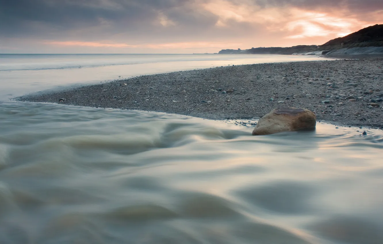 Photo wallpaper sea, sunset, pebbles, stones, shore