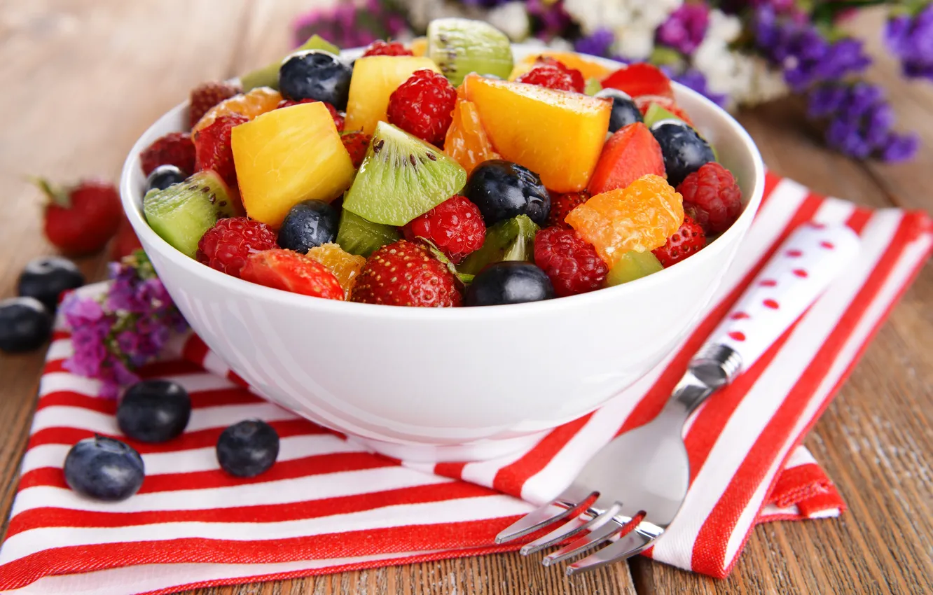 Photo wallpaper berries, fruit, plug, napkin, fruit salad