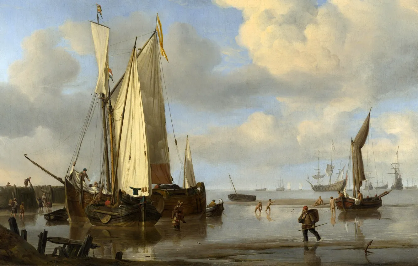 Photo wallpaper bathing, painting, Dutch ships near the shore, Willem van de, the Younger, Velde