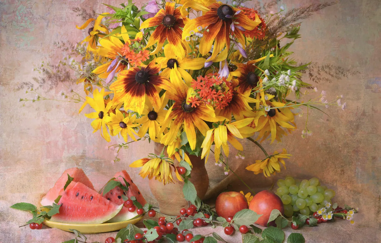 Photo wallpaper summer, bouquet, fruit, still life, composition, July, rudbeckia