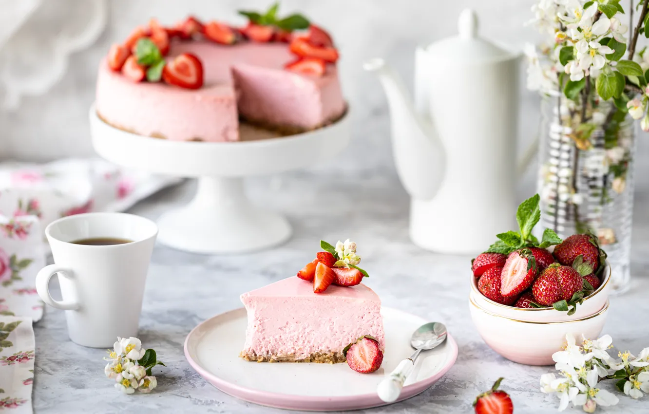 Photo wallpaper berries, tea, strawberry, Cup, cake, Cheesecake, Karina Klachuk