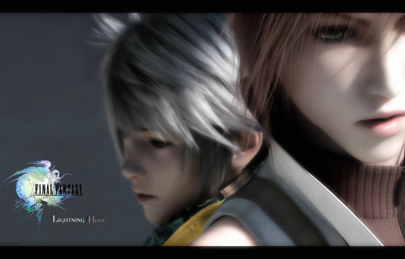 Photo wallpaper face, lightning, grey background, Final Fantasy, Lightning, hope estheim