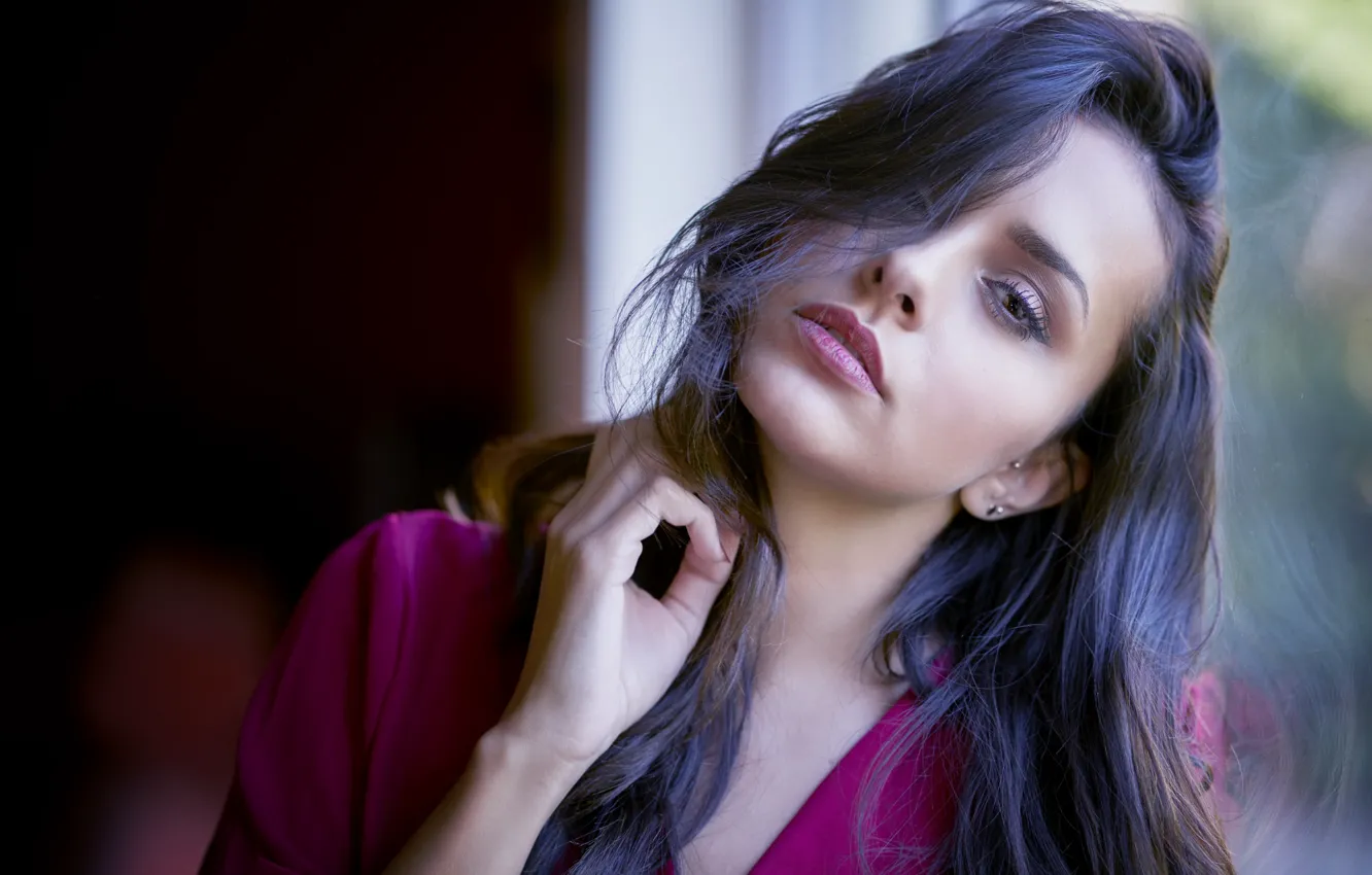 Photo wallpaper girl, glass, eyes, brunette, Sight