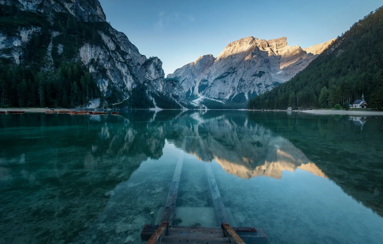 Photo wallpaper forest, mountains, lake, shore, the bottom