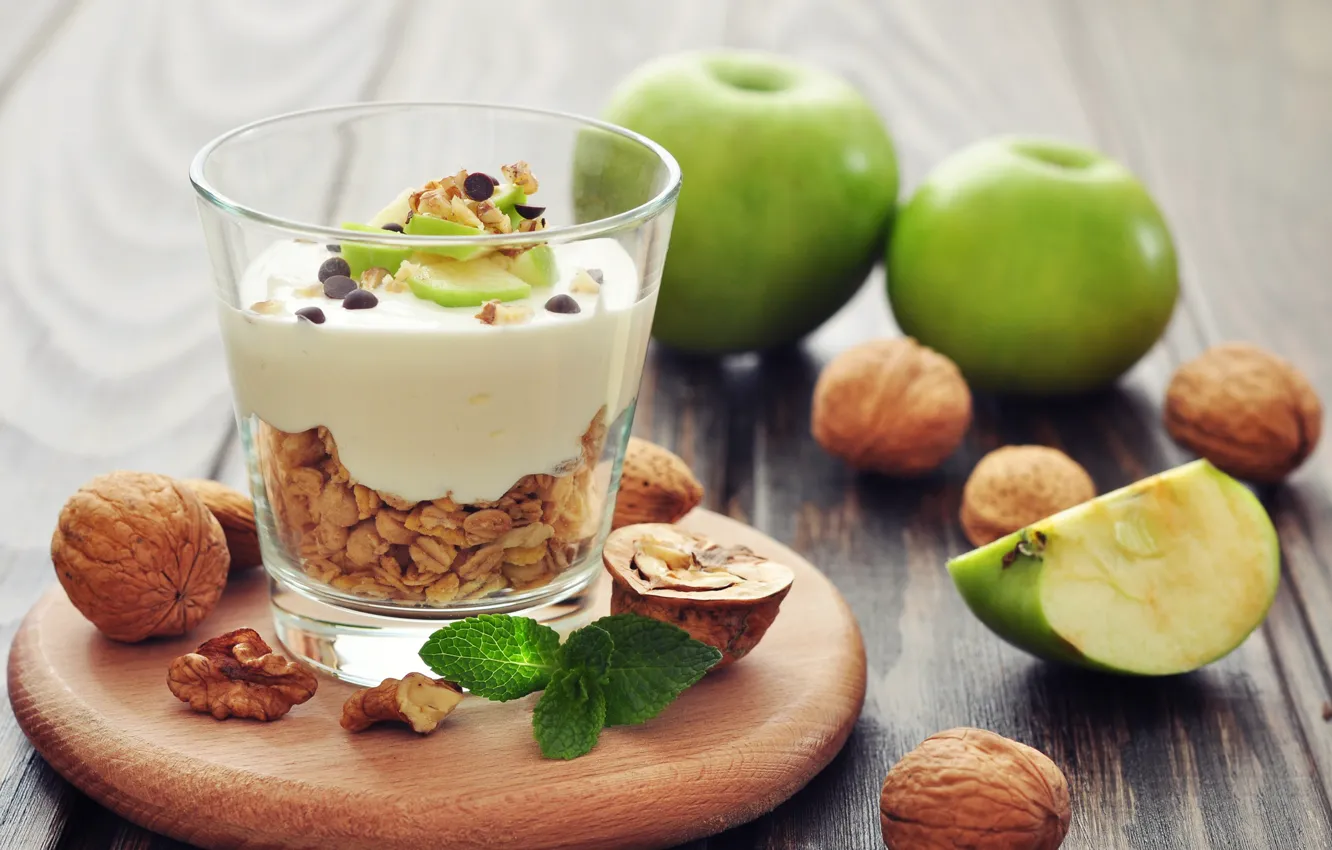 Photo wallpaper apples, nuts, granola