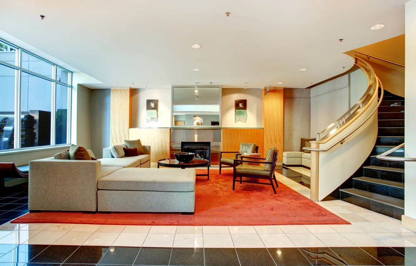 Photo wallpaper room, sofa, interior, fireplace