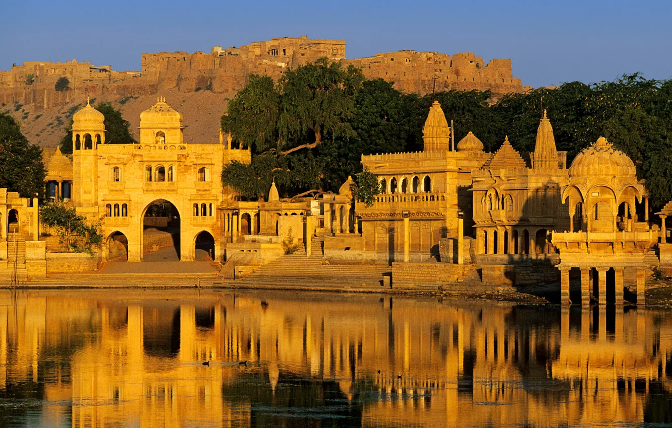 Photo wallpaper the sky, mountains, lake, reflection, Palace