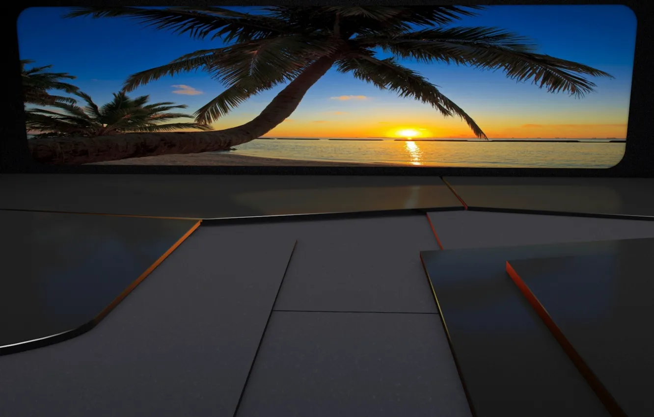 Photo wallpaper the sky, the sun, clouds, line, sunset, palm trees