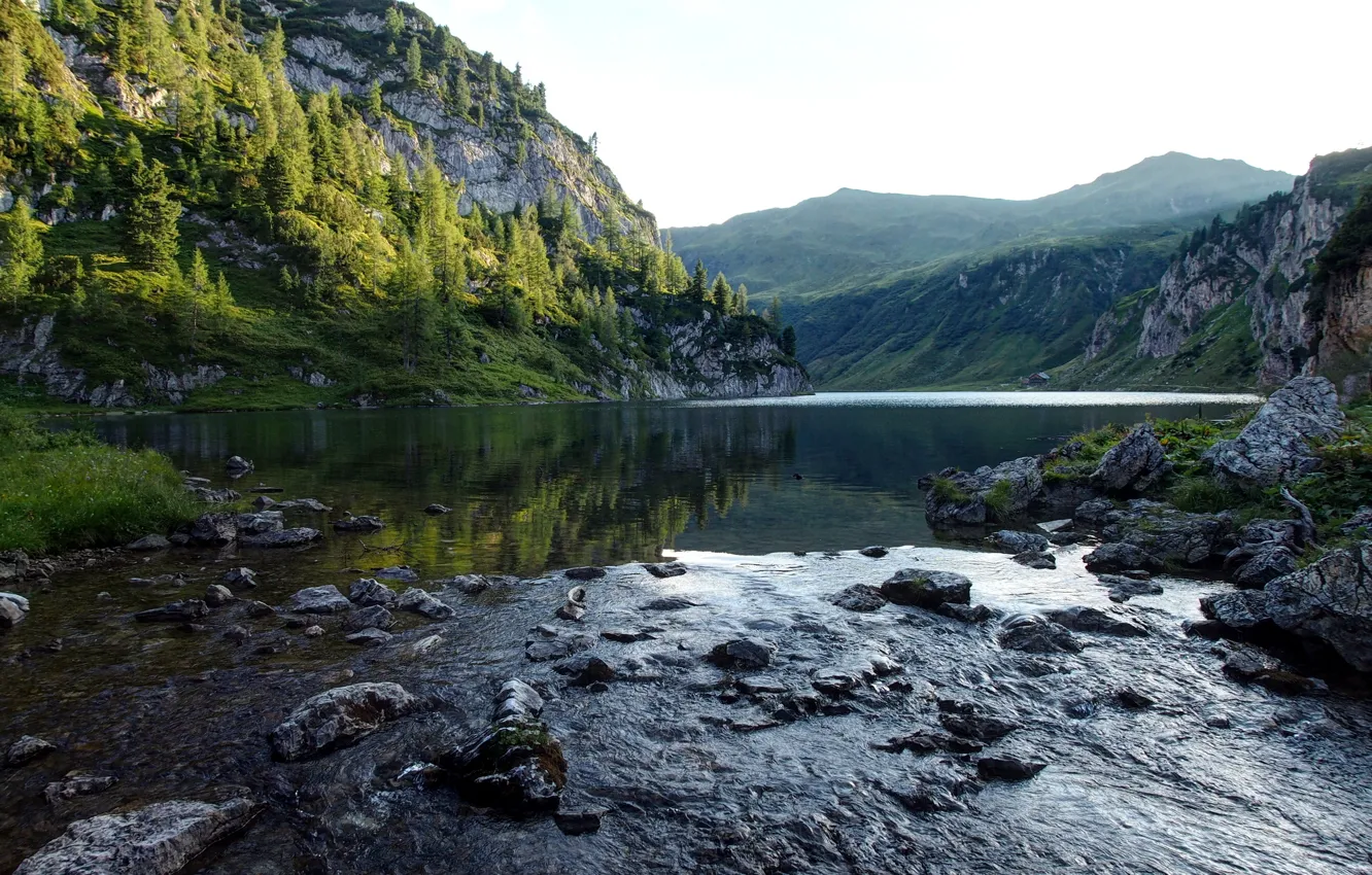 Photo wallpaper landscape, mountains, nature, river, stones, Alps, Austrian