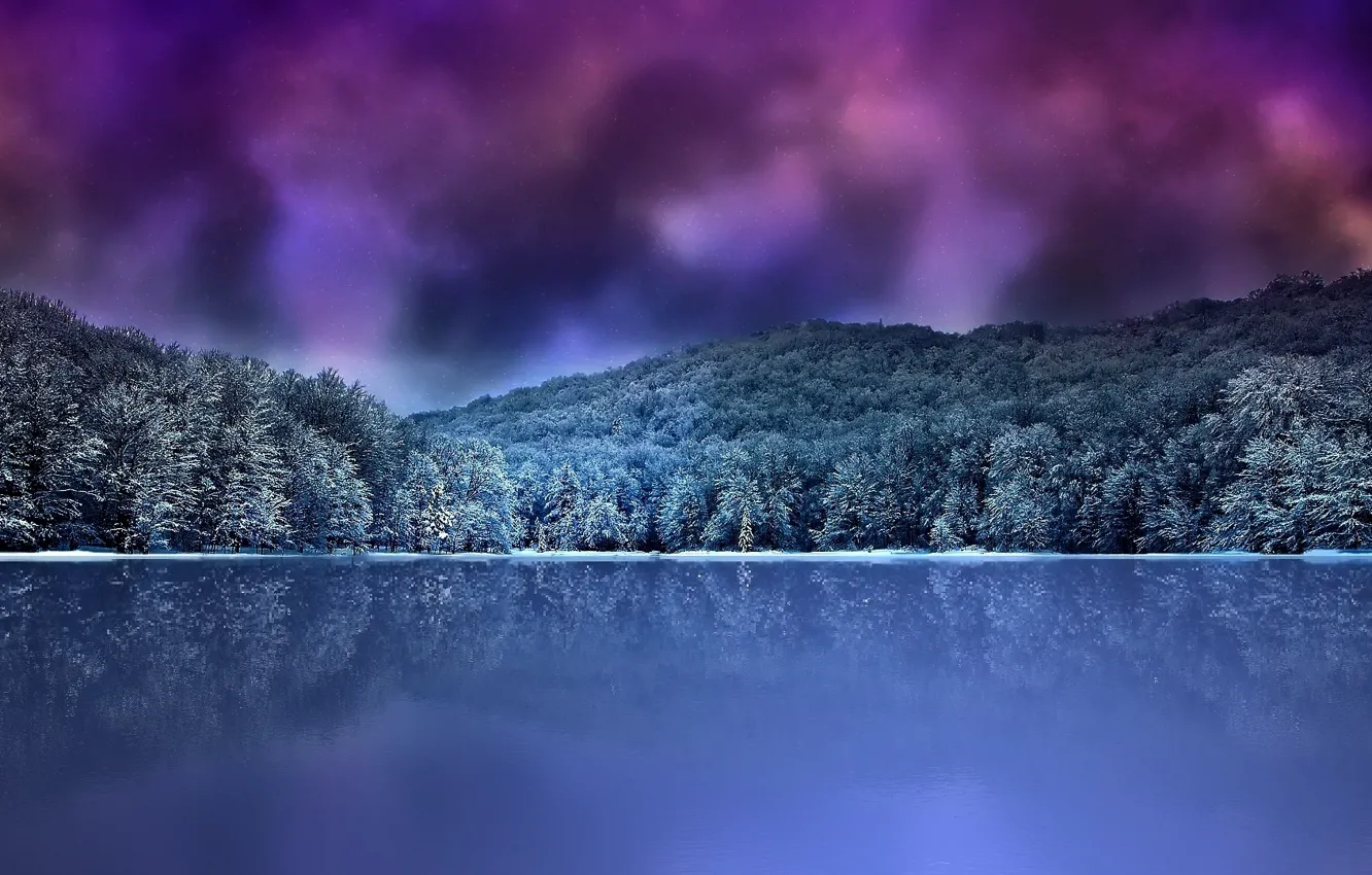 Photo wallpaper winter, forest, clouds, mountains, night, lake