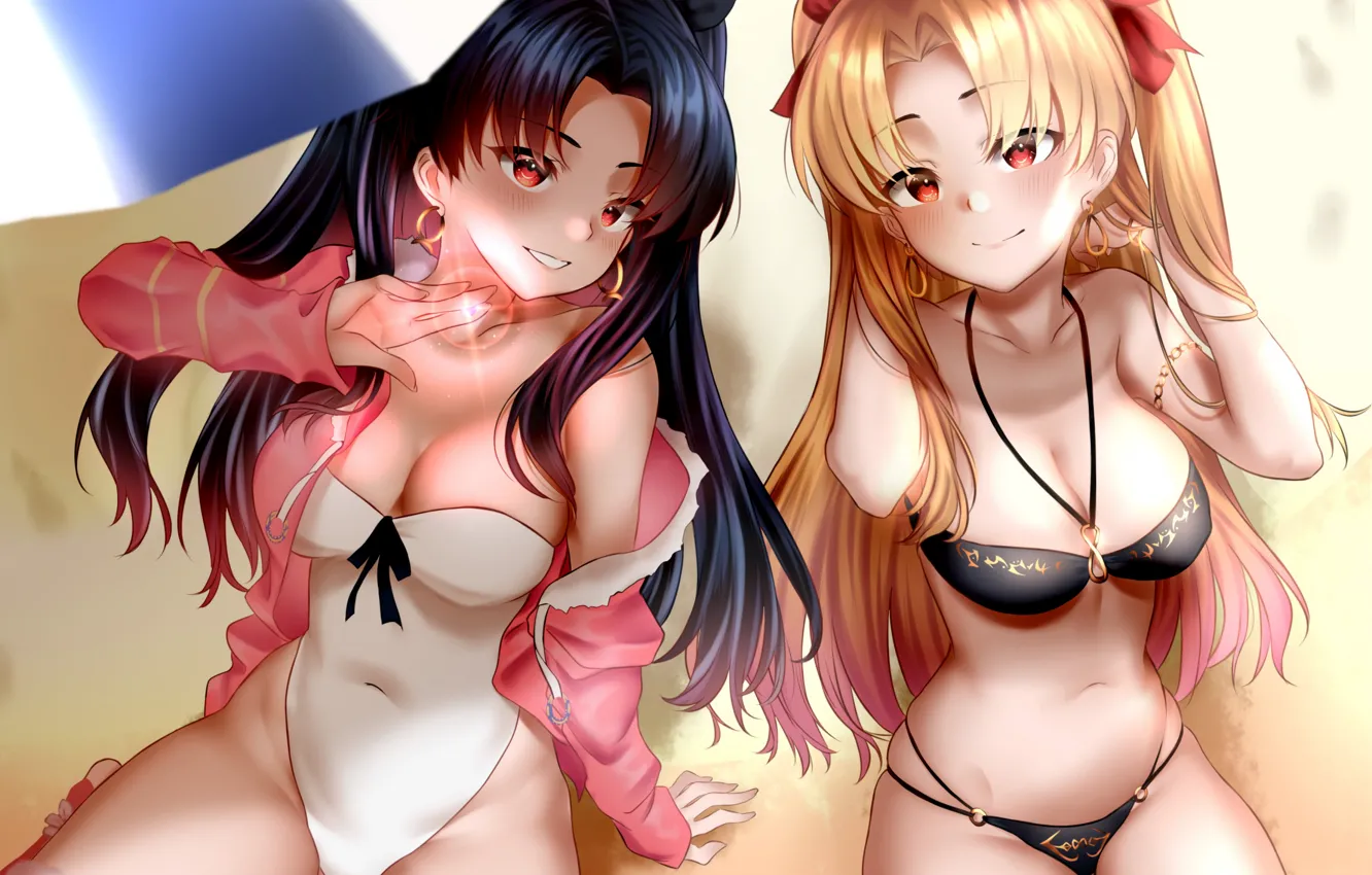 Photo wallpaper sexy, cleavage, beach, long hair, girls, boobs, anime, beautiful