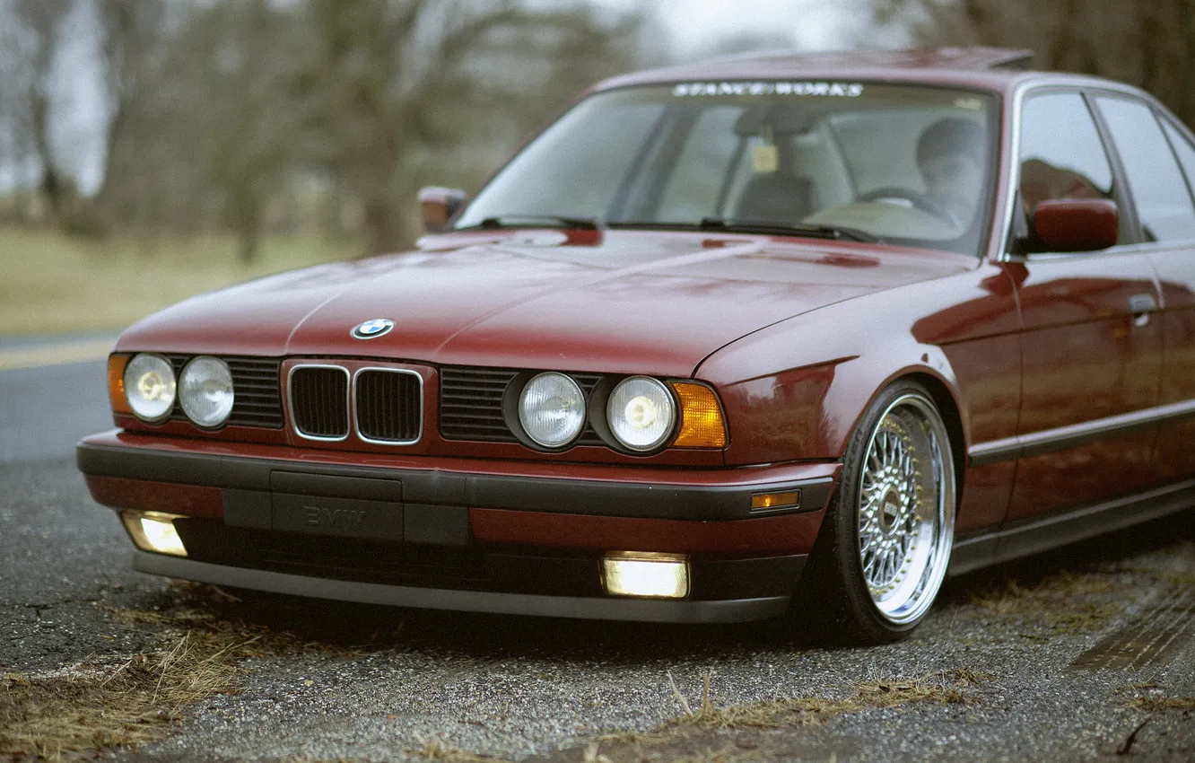 Photo wallpaper autumn, leaves, BMW, tuning, E34, stance, 520i