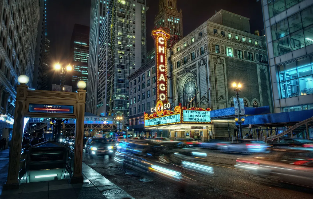 Photo wallpaper lights, metro, building, Chicago, night city, Chicago