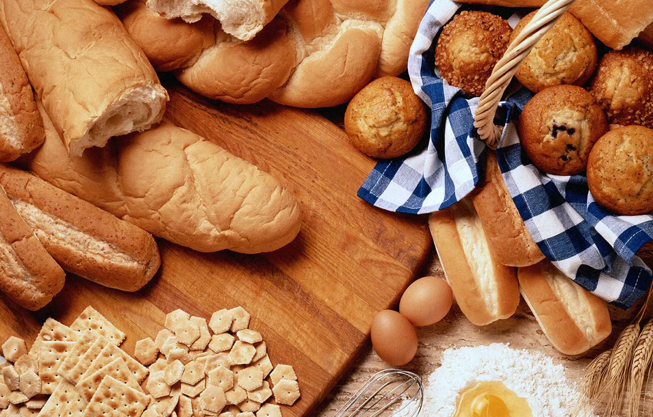 Photo wallpaper basket, egg, food, cookies, bread, bun, flour