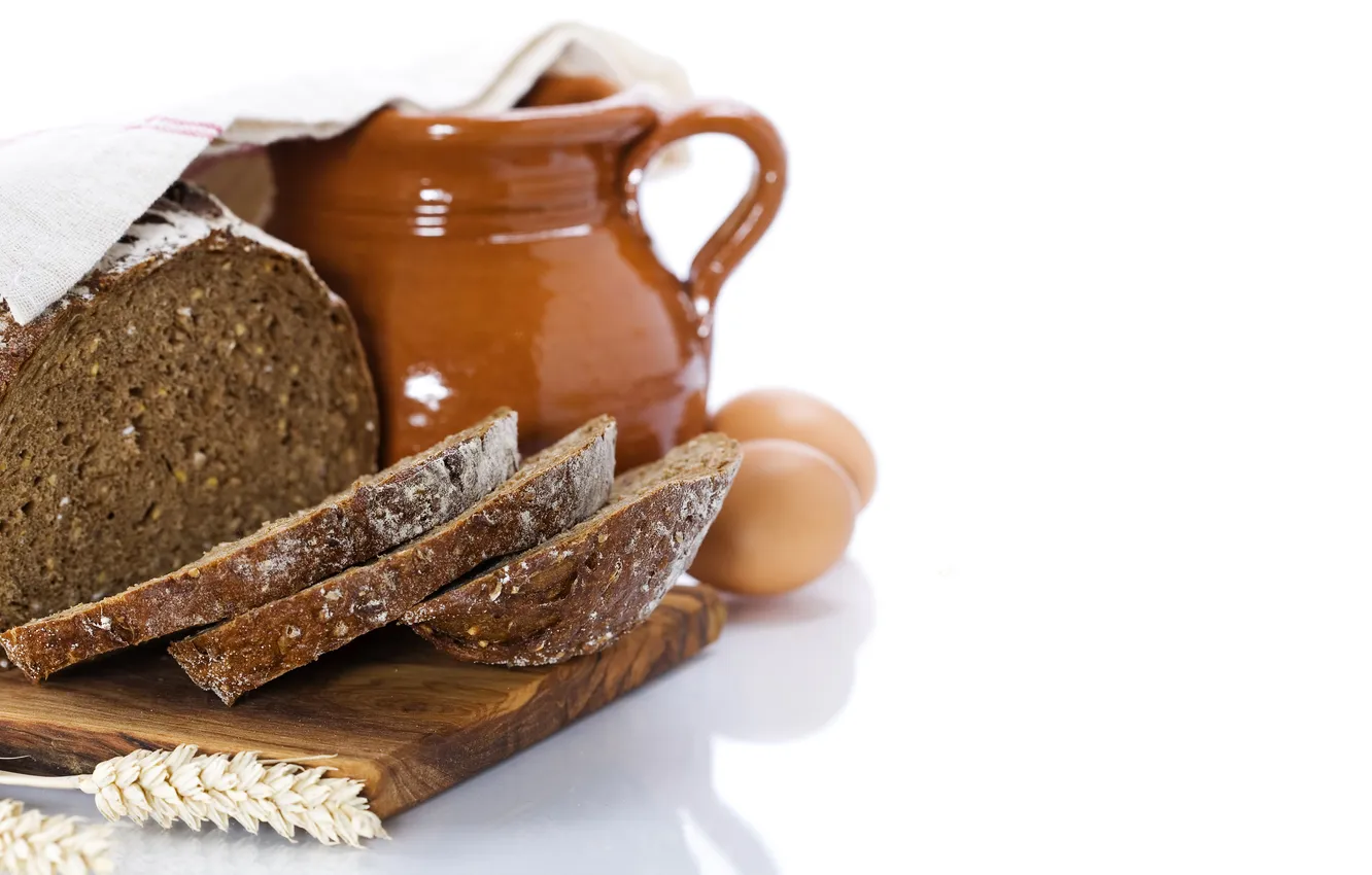 Photo wallpaper eggs, spikelets, bread, pitcher, napkin, chunks