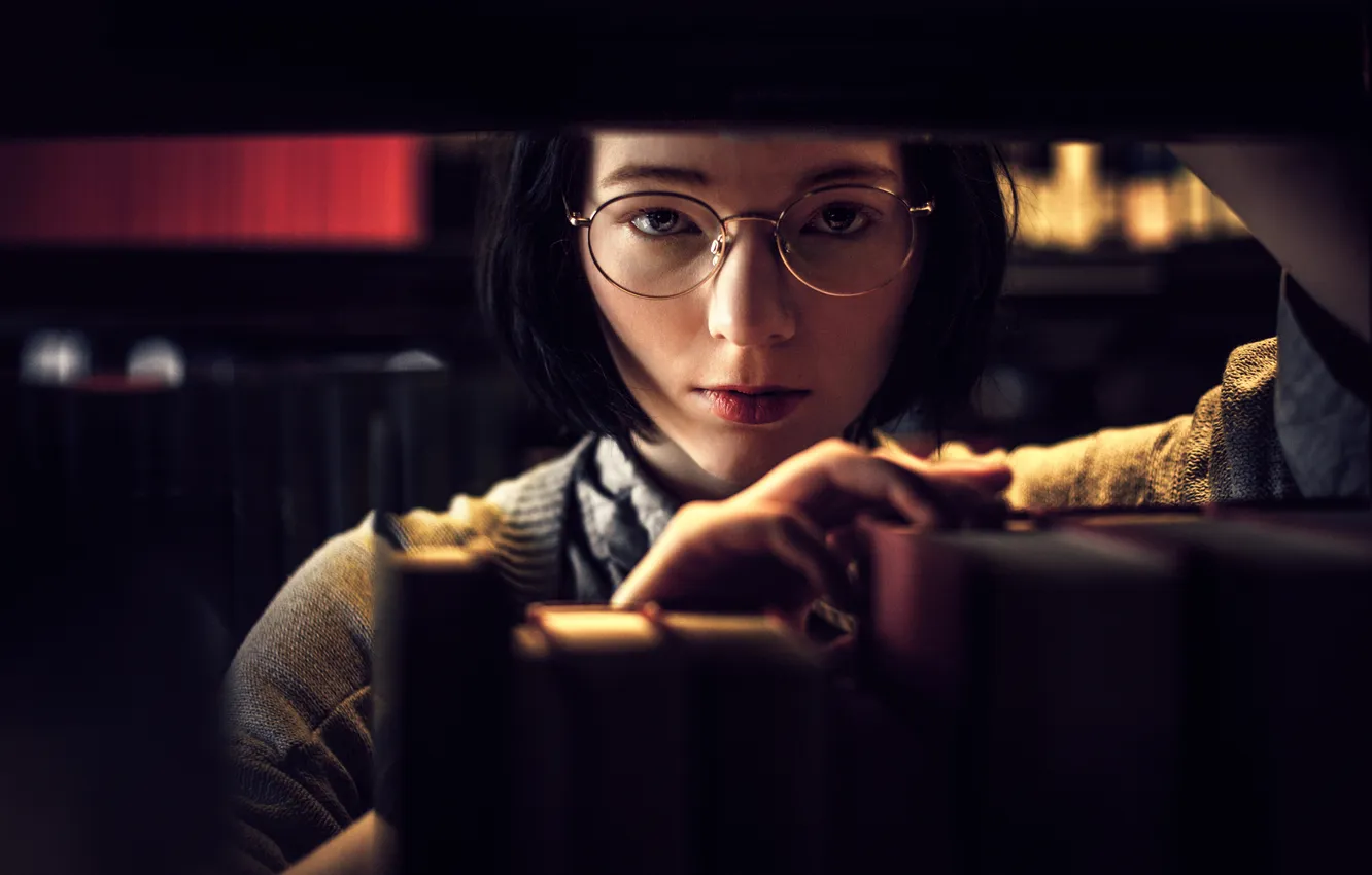 Photo wallpaper look, girl, books, glasses, the librarian