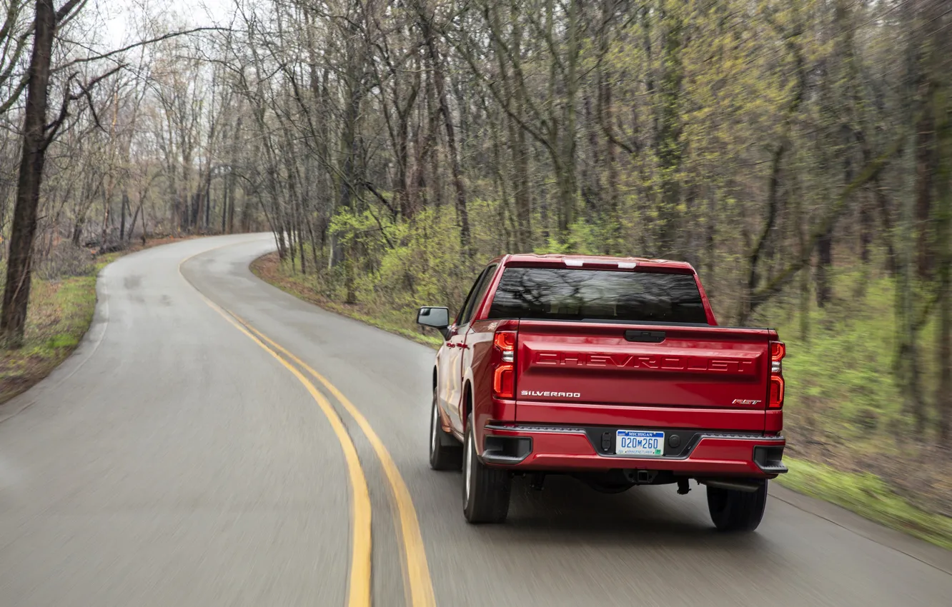 Photo wallpaper red, Chevrolet, rear view, pickup, Silverado, 2019, RST