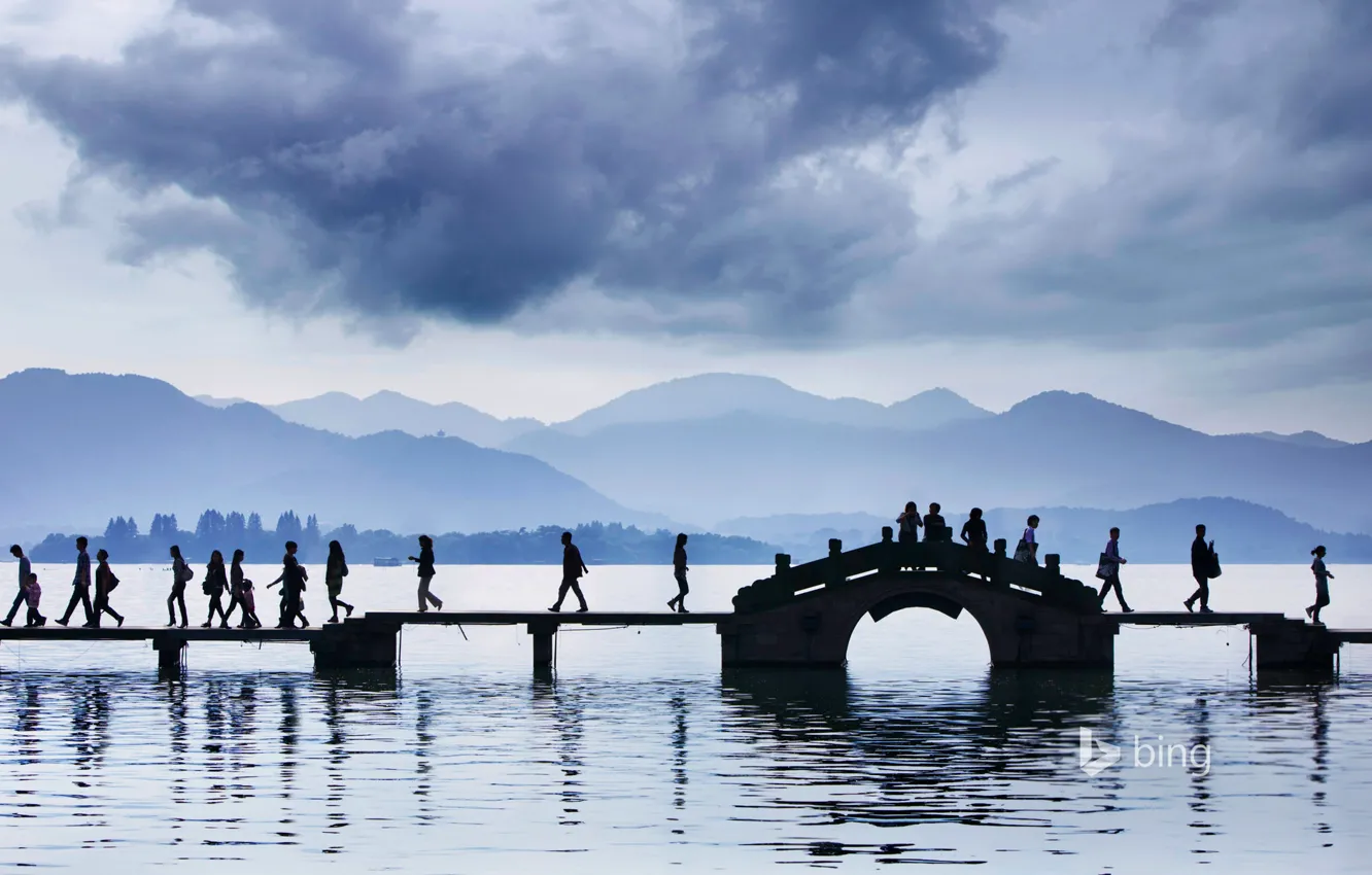 Photo wallpaper bridge, lake, people, China, Hangzhou, west lake
