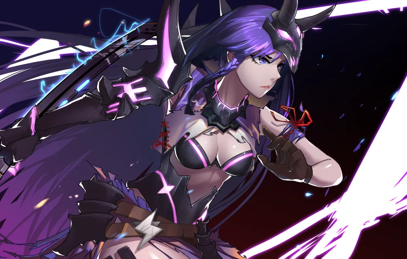 Photo wallpaper girl, sword, cleavage, horns, breast, anime, purple eyes, katana