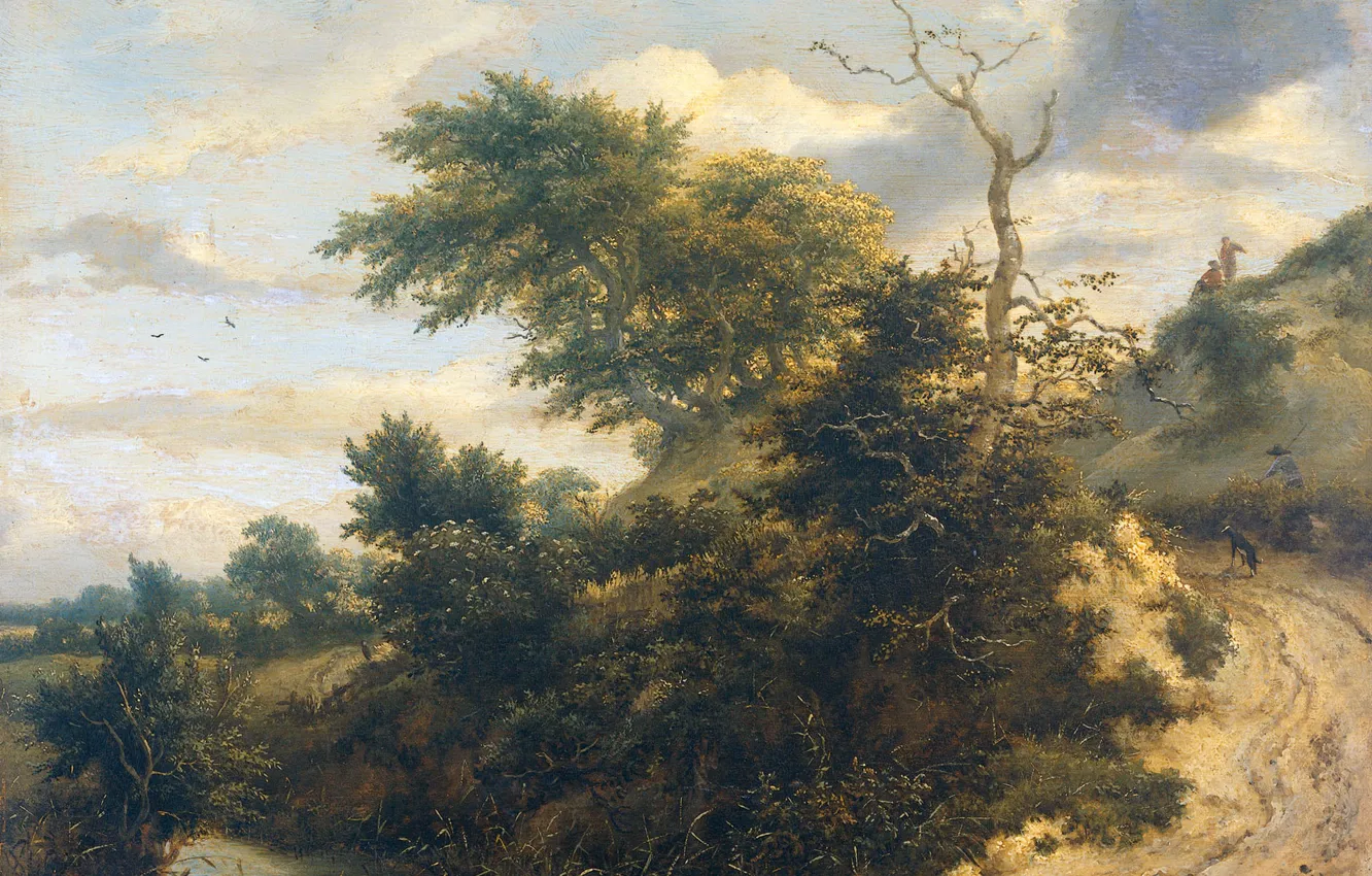 Photo wallpaper landscape, tree, oil, picture, Jacob van Ruisdael, Sandy track in the Dunes