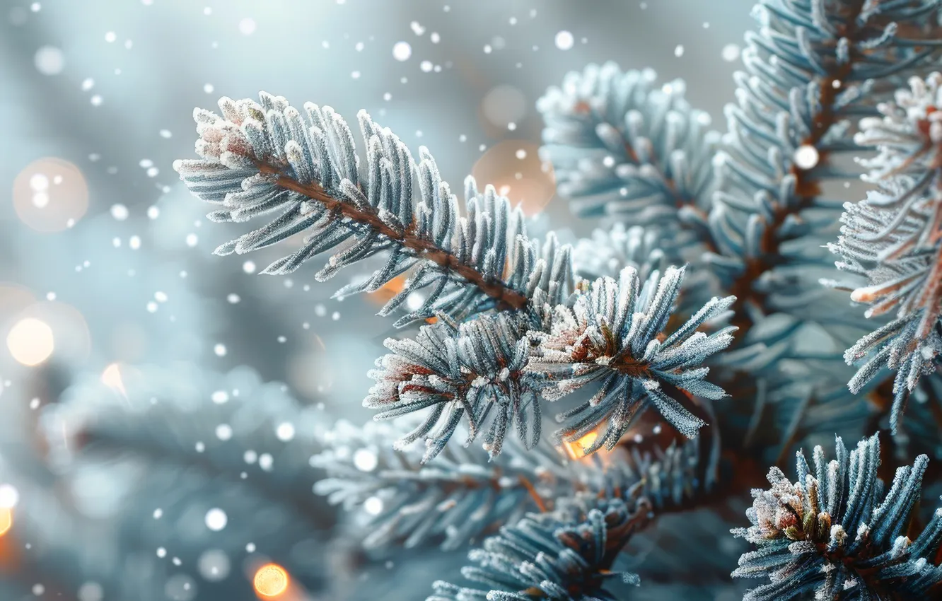 Photo wallpaper winter, frost, snow, branches, new year, spruce, Christmas, herringbone