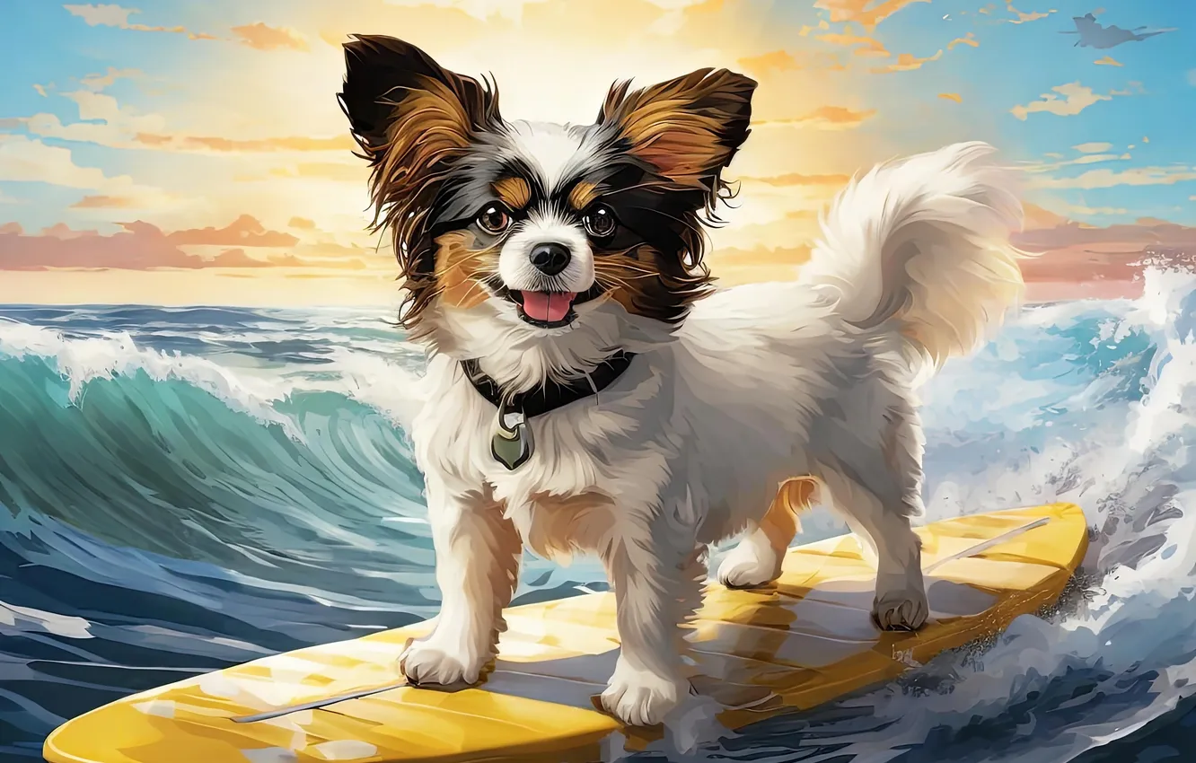 Photo wallpaper sea, wave, look, pose, portrait, dog, face, Papillon