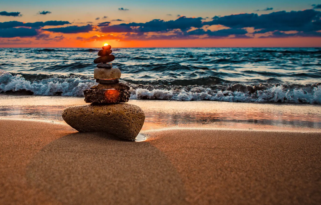 Photo wallpaper Turkey, STONES, HORIZON, The SKY, SAND, CLOUDS, SHORE, DAWN