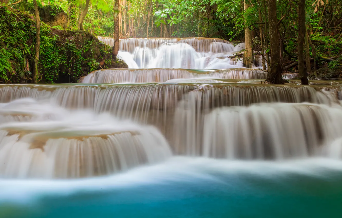 Photo wallpaper forest, landscape, river, rocks, waterfall, summer, forest, tropical