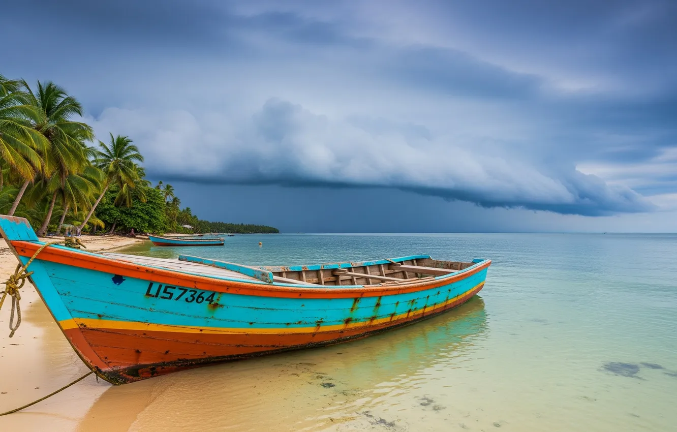 Photo wallpaper the sky, clouds, tropics, Wallpaper, shore, boat, wallpaper, sky