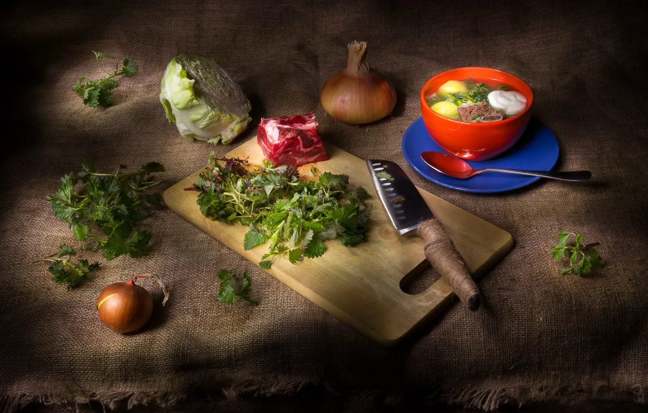 Photo wallpaper soup, meat, still life, cabbage, nettle