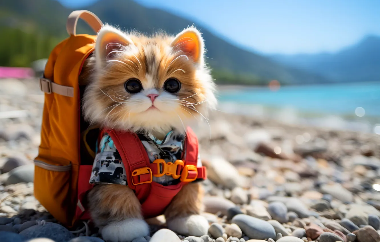 Photo wallpaper cat, mountains, pebbles, lake, traveler, pussy, bokeh, though