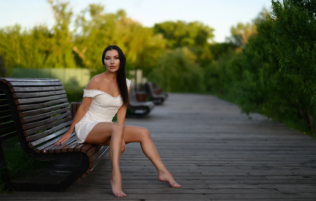 Photo wallpaper girl, bench, pose, Board, brunette, neckline, legs, long hair