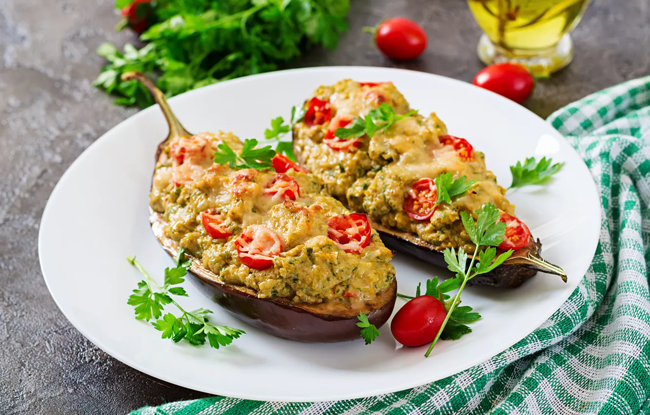 Photo wallpaper food, chicken, cheese, eggplant, meat, tomatoes, Timolina