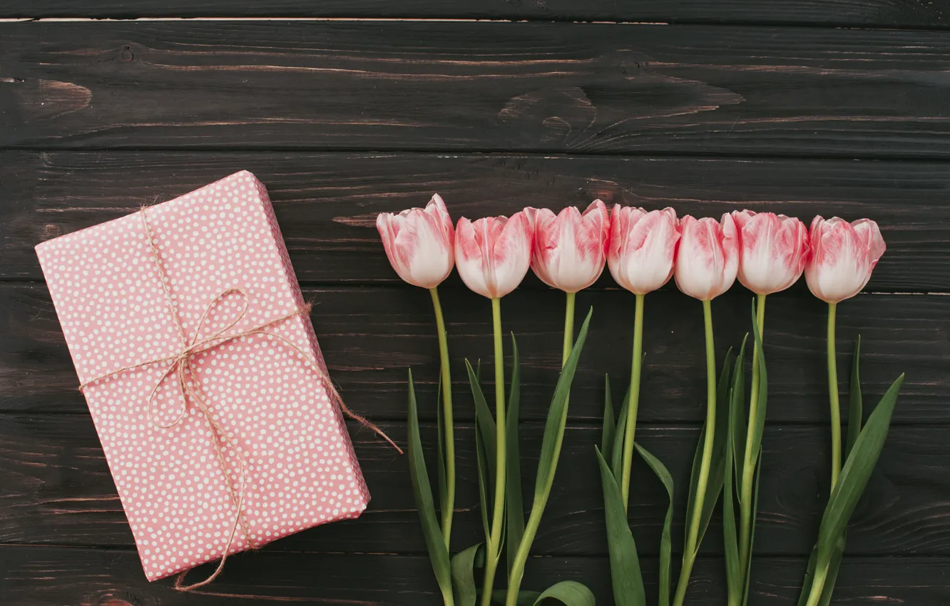Photo wallpaper flowers, gift, bouquet, tulips, pink, wood, pink, flowers