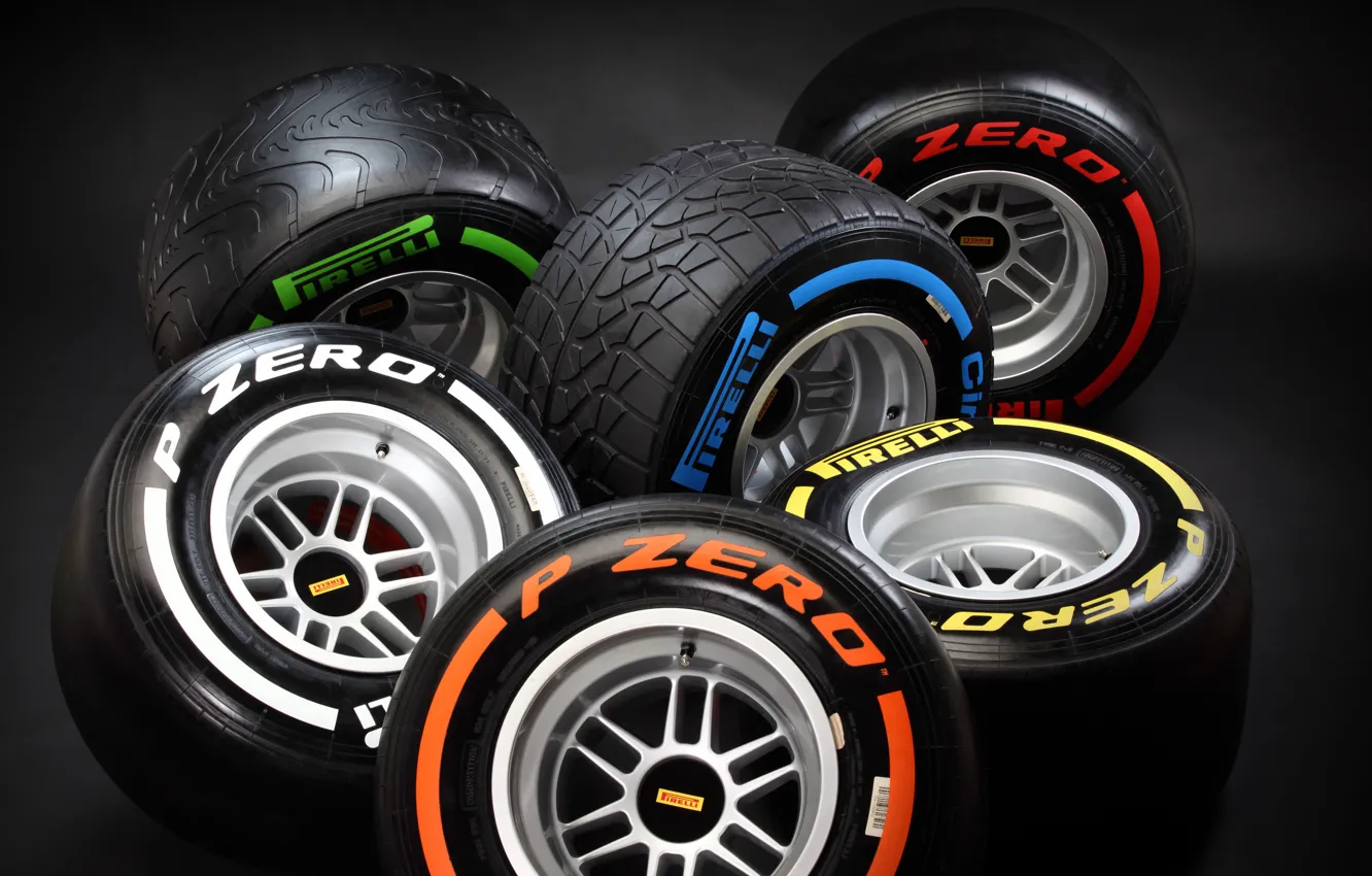 Photo wallpaper wheel, tires, wheels, company, Formula-1, tyres, Formula 1, Pirelli