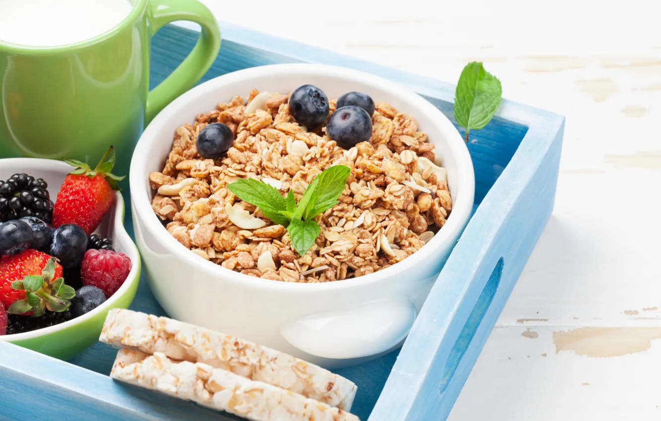 Photo wallpaper berries, coffee, Breakfast, oatmeal, bread, Iryna Melnyk