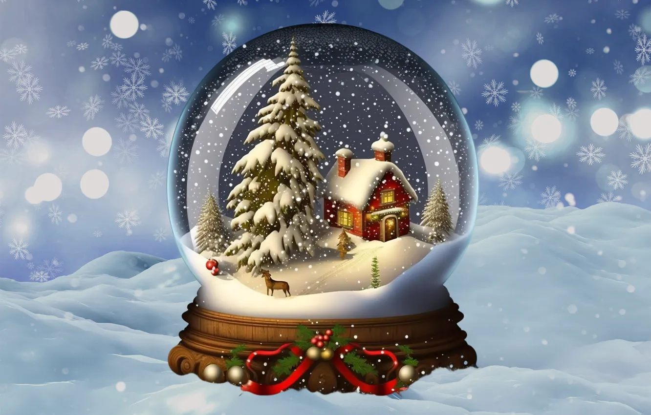 Photo wallpaper winter, snow, decoration, background, balls, tree, new year, Christmas