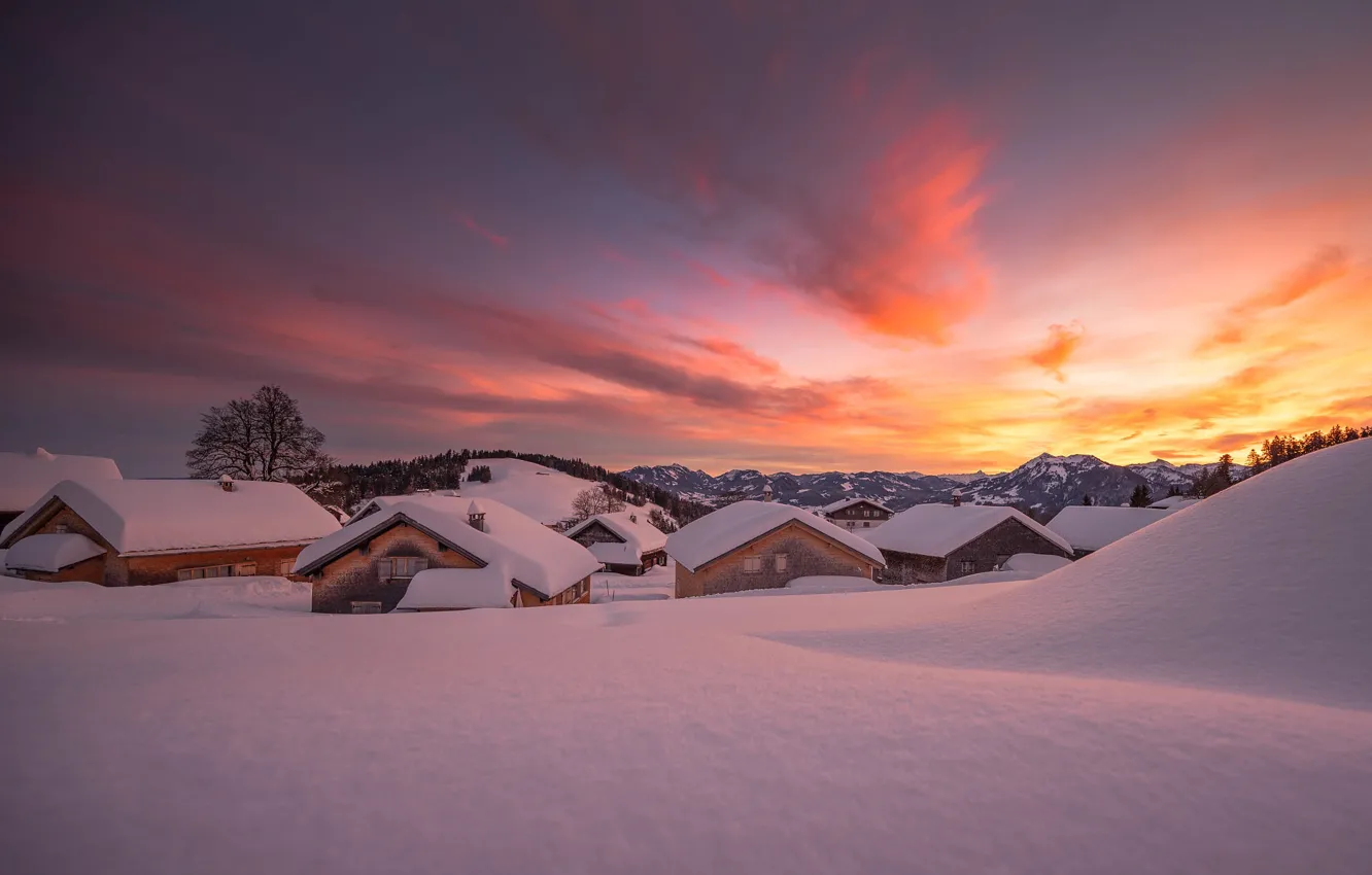 Photo wallpaper winter, roof, the sky, clouds, snow, sunset, mountains, in the snow