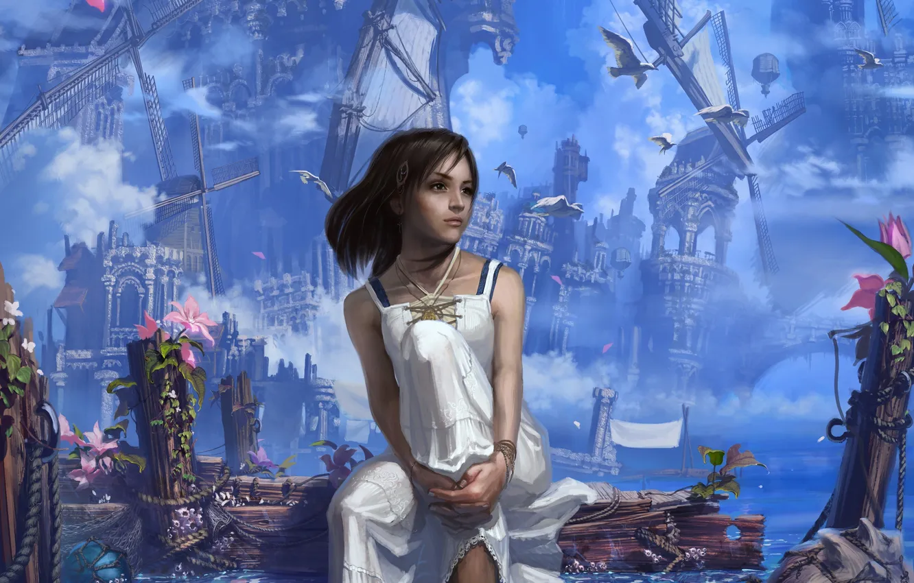 Photo wallpaper sea, girl, the city, bird, seagulls, art, mill, reishin