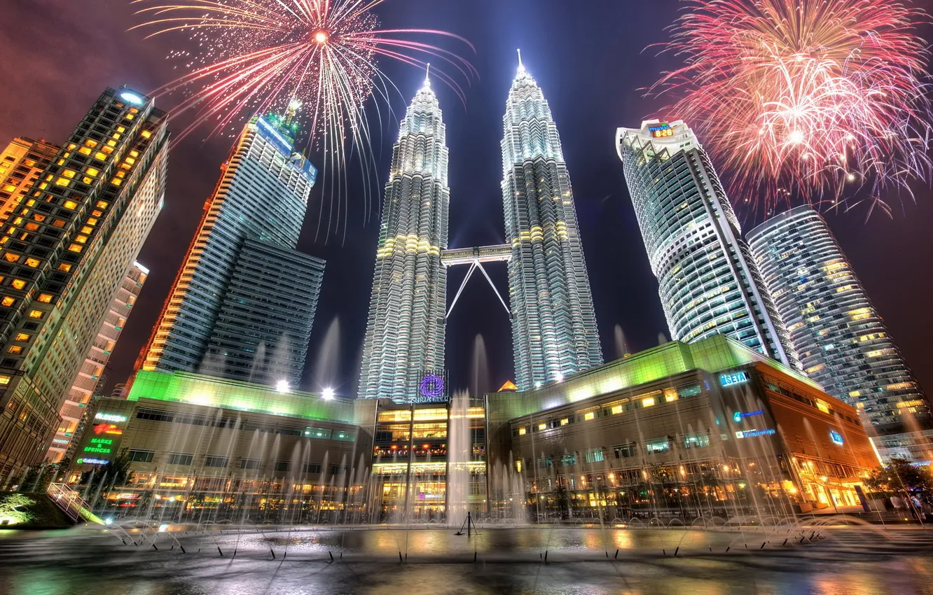 Photo wallpaper night, skyscrapers, fountain, fireworks, Malaysia, Kuala Lumpur, Petronas Twin Towers