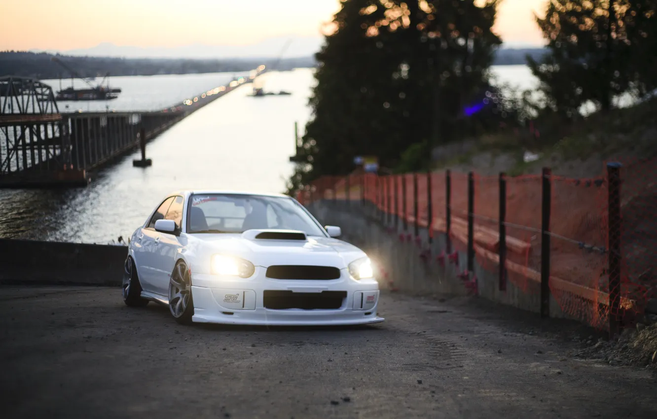 Photo wallpaper white, tuning, the evening, Subaru, Impreza, STI, Subaru, Impreza
