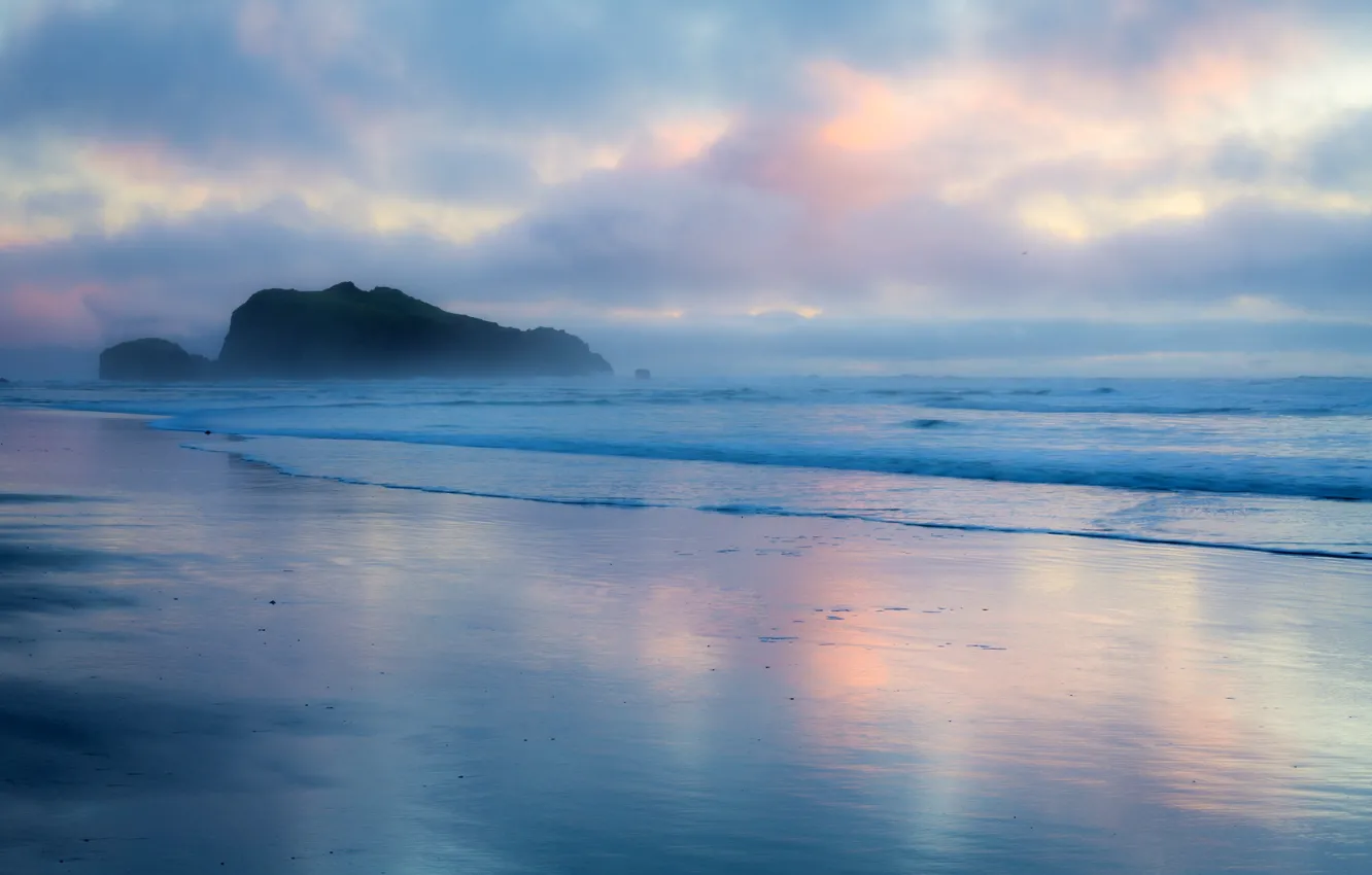 Photo wallpaper sea, beach, the sky, clouds, sunset, fog, rocks, coast